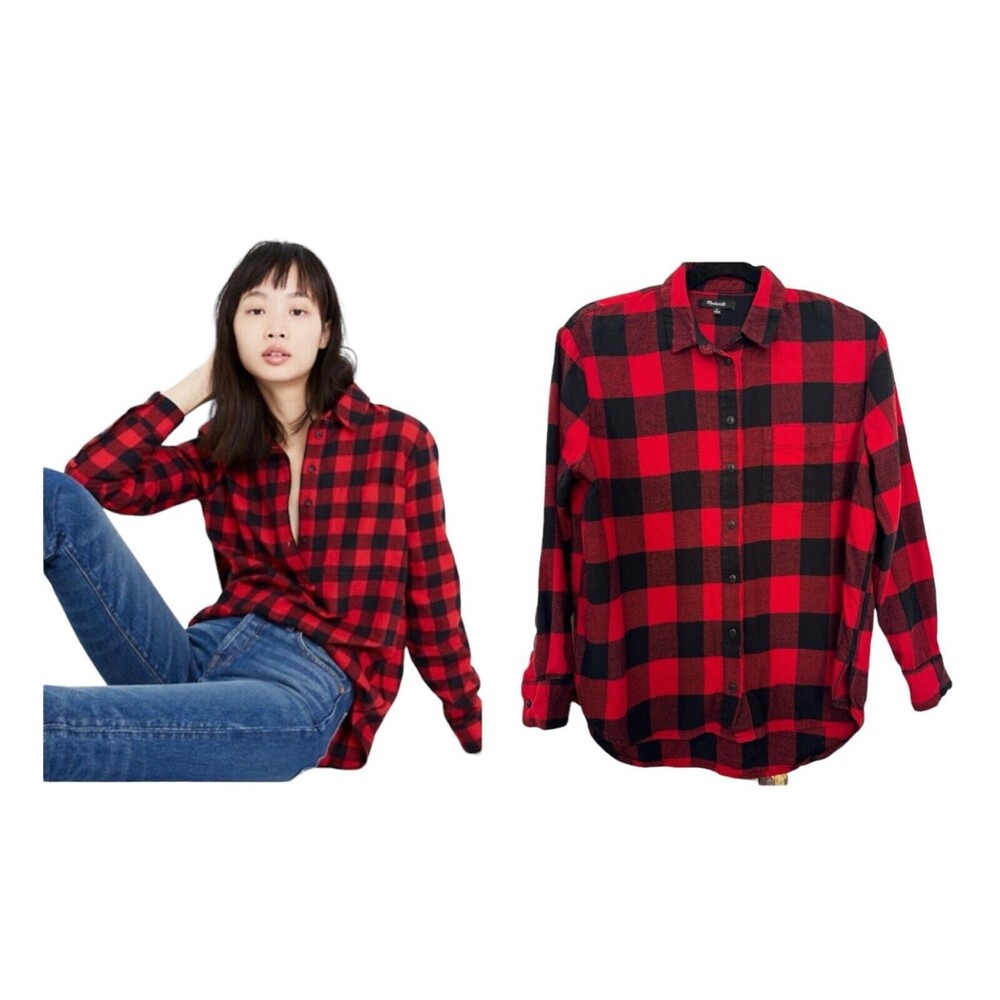 Madewell Women's plaid flannel high-low hem button down shirt, Size S